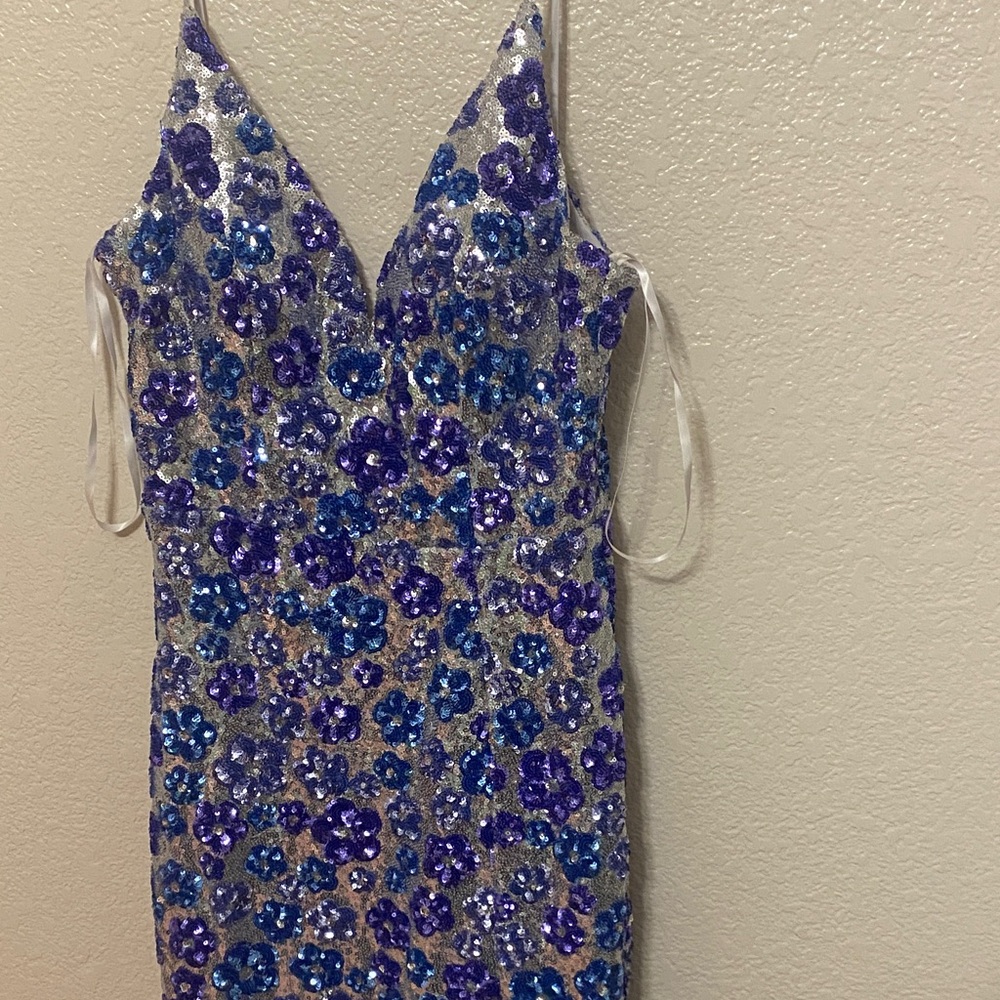 Elegant Blue and Purple Floral Long Sleeve Dress